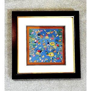 Hmong Embroidery Hand Stitch Folk Art Story People Fishing Mat Framed Excellent